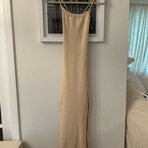 Tan Sleeveless Spaghetti Strap Slip Maxi and Backless Dress